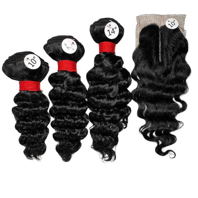 16"-18"-20" 3 Deep Wave Bundles 9A + 4" x 4" U-Shaped Lace Front Closure